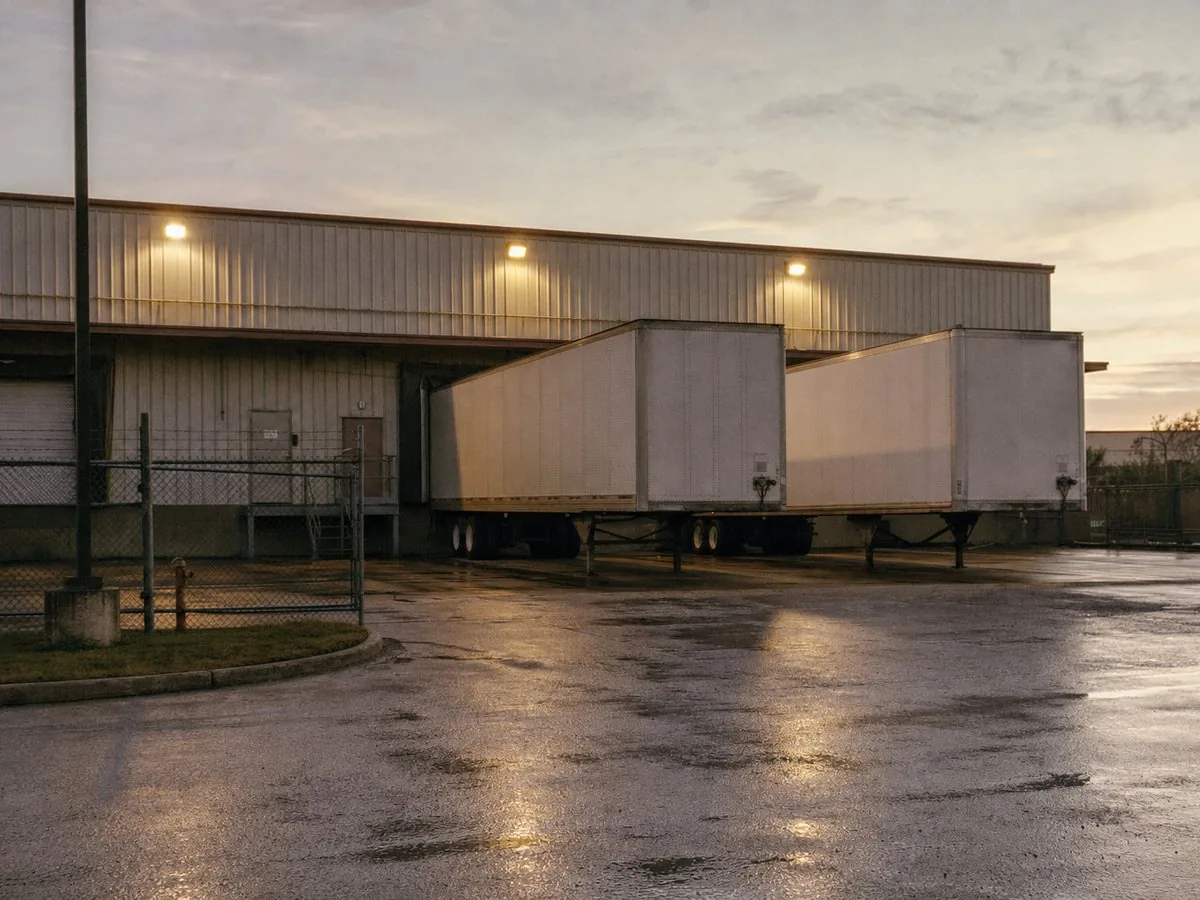 Trailers backed to a distribution dock at dawn