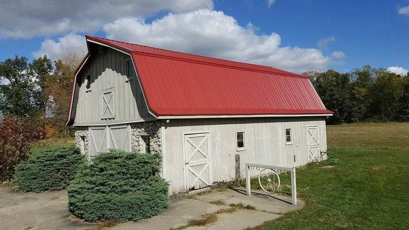 Completed metal roof on a farm building