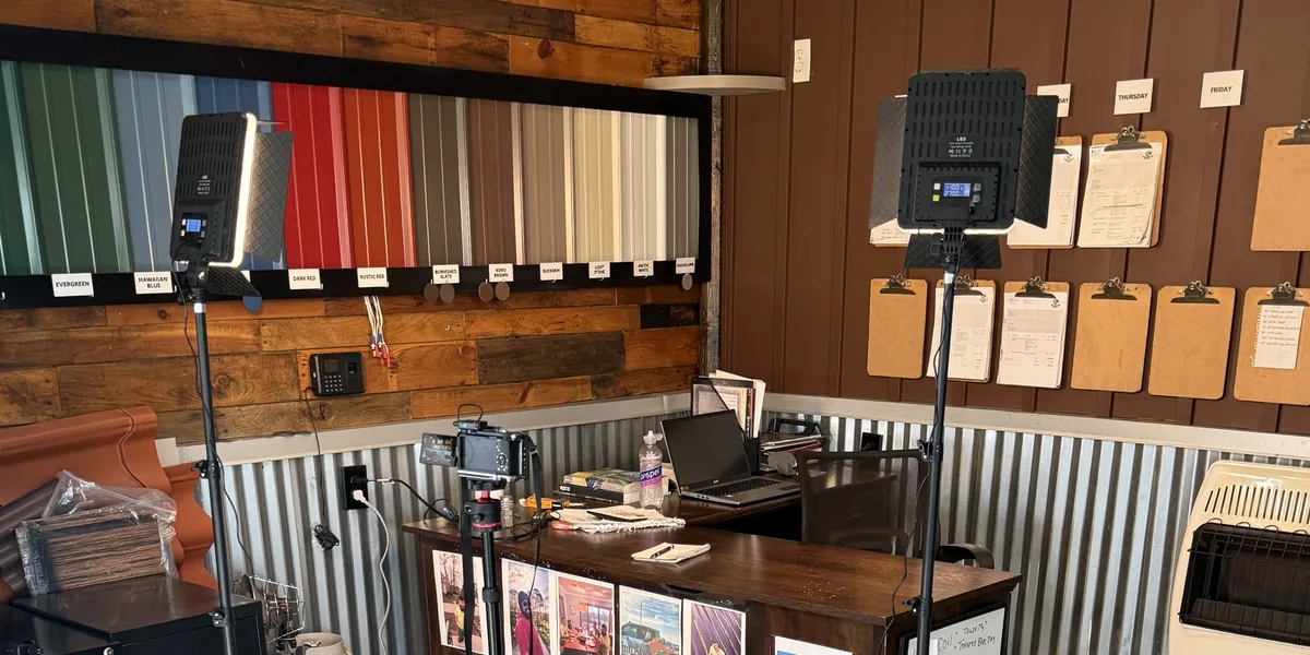 Camera and lighting setup for a contractor interview in Goshen, Indiana