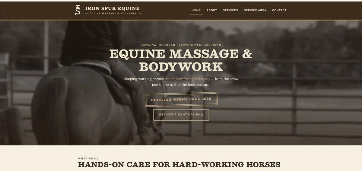 Iron Spur Equine website home page: equine massage and bodywork in Ravenna, Michigan, with a rider and horse behind the headline.