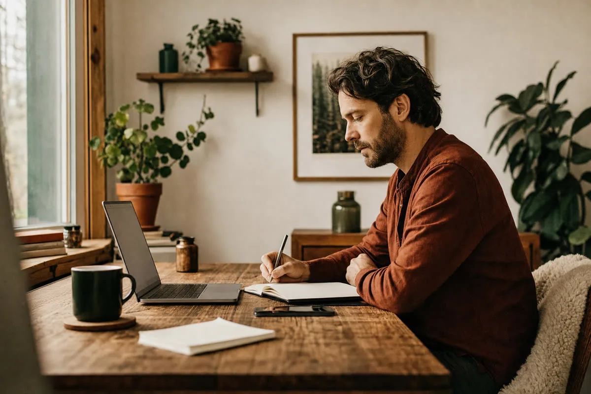 Sam Harrington working at a wooden desk in a warm, naturally lit home office with a laptop and notebook.