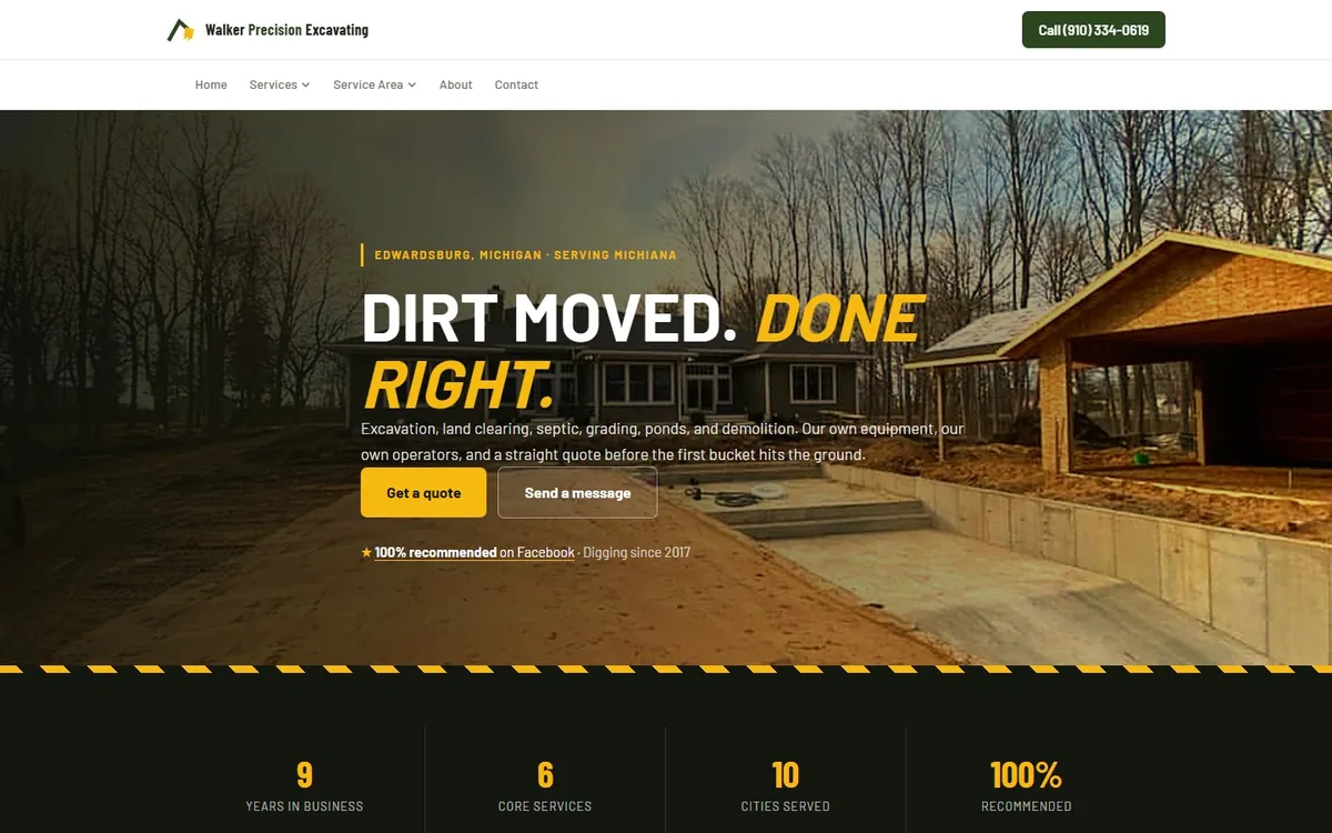 Walker Precision Excavating website home page: dark hero over an excavation site with a quote request button.