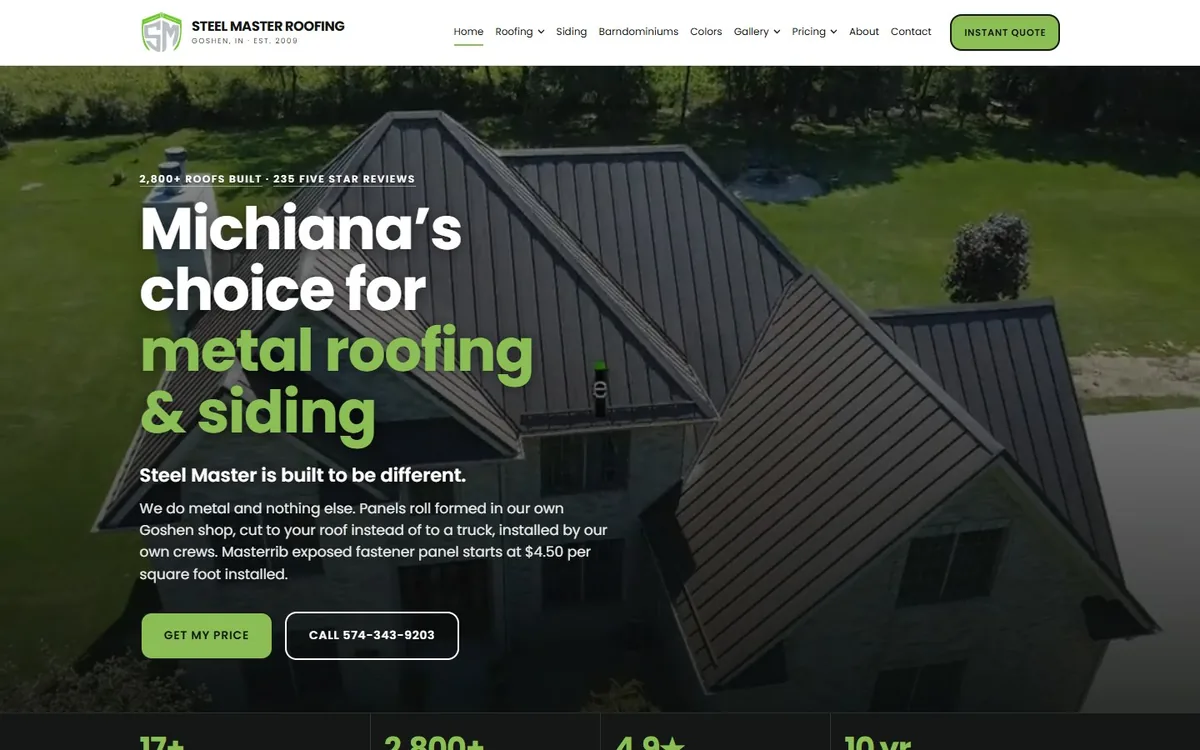 Steel Master Roofing website home page: metal roofing and siding supplier with product categories and a quote path.