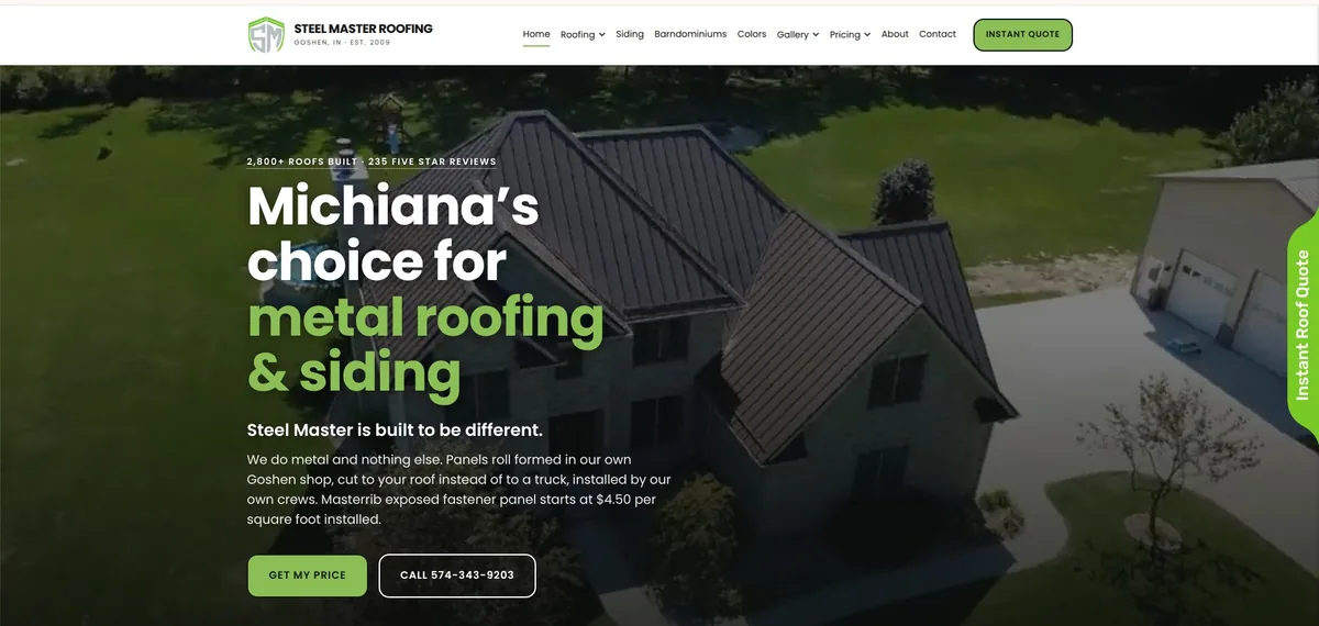 Steel Master Roofing website home page: metal roofing and siding supplier with product categories and a quote path.