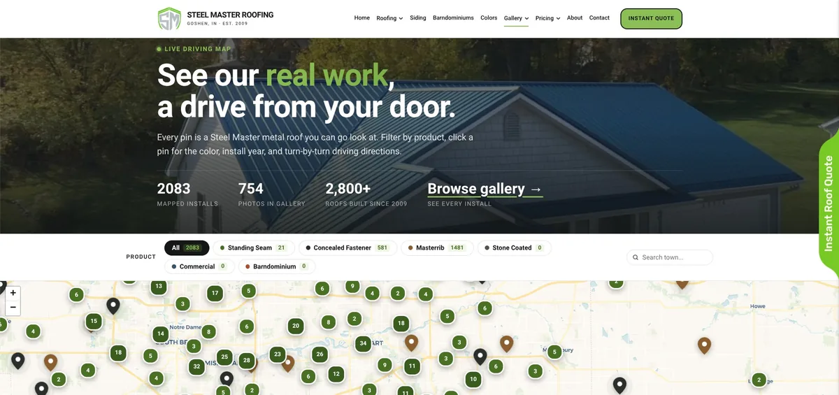 Steel Master Roofing completed project map showing hundreds of clustered pins across northern Indiana and southwest Michigan, with product filters above it