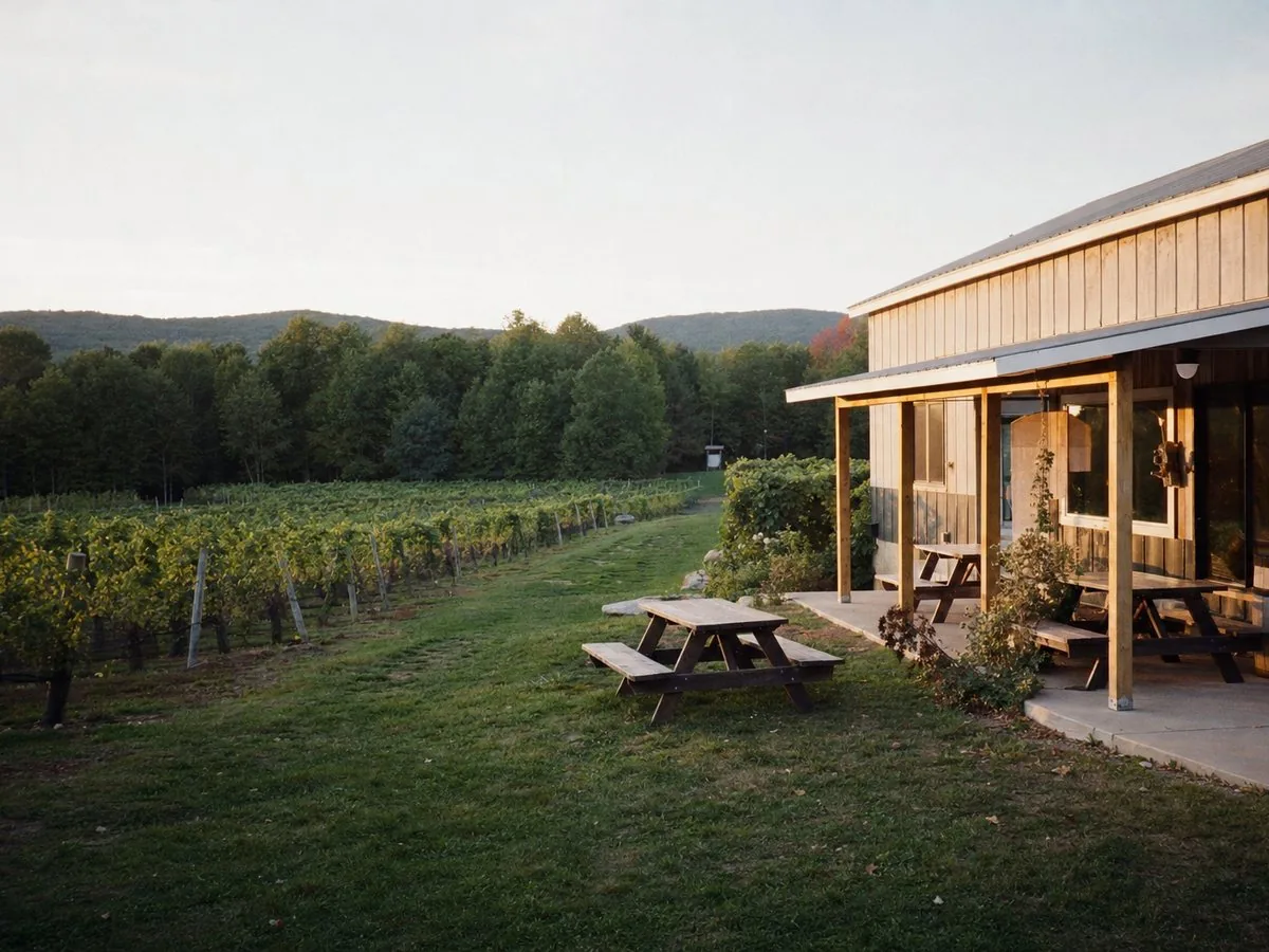 Vineyard tasting room and vine rows in late afternoon light