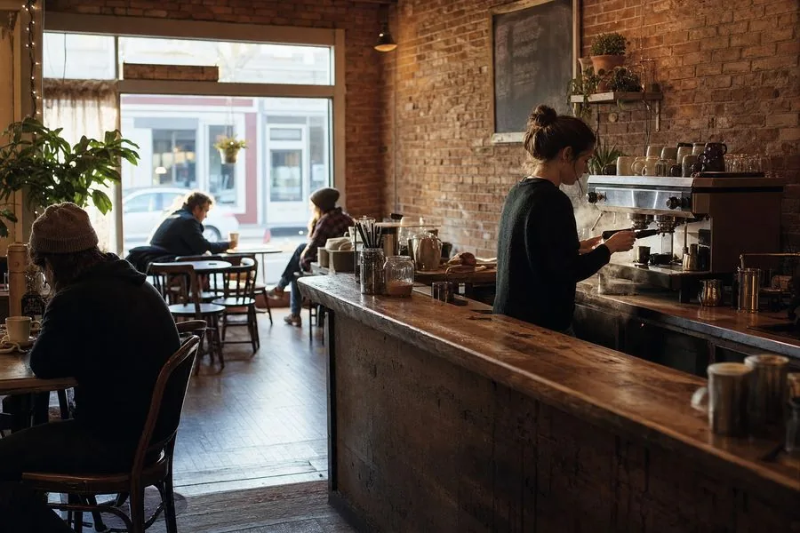 Interior of a small-town coffee shop with a barista at the espresso machine