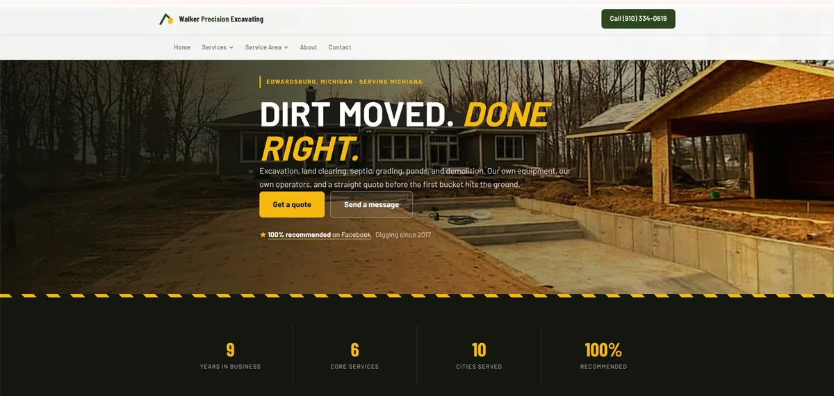 Walker Precision Excavating website home page: dark hero over an excavation site with a quote request button.